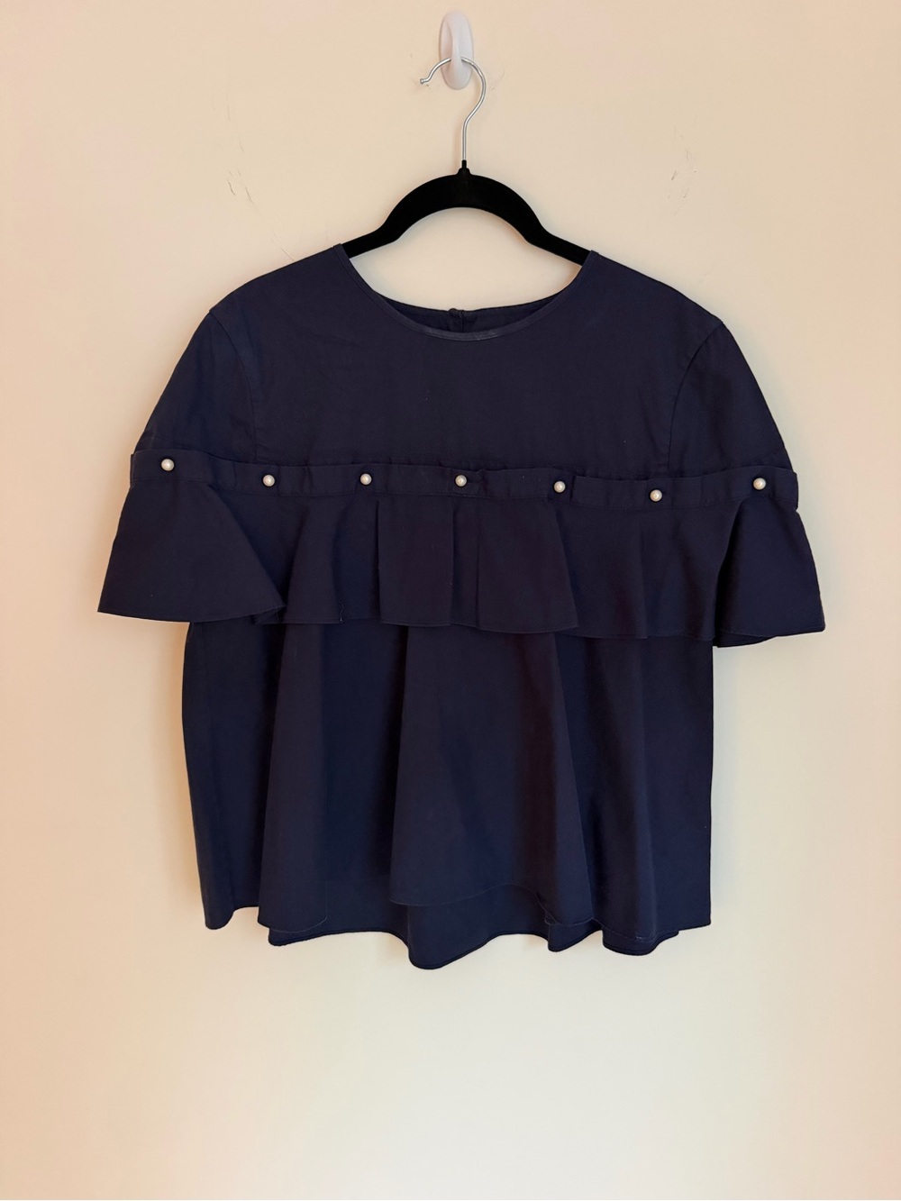 Jonathan Simkhai Navy Ruffle Pearl-Accent Blouse